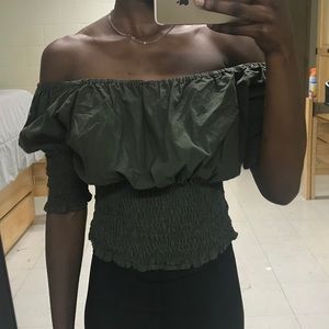 Off the shoulder olive green top